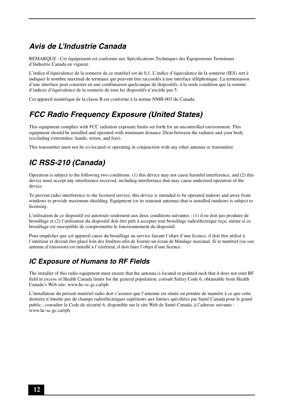 Avis de l’industrie canada, Fcc radio frequency exposure (united states), Ic rss-210 (canada) | Ic exposure of humans to rf fields | Sony VGN-CR140N User Manual | Page 12 / 28