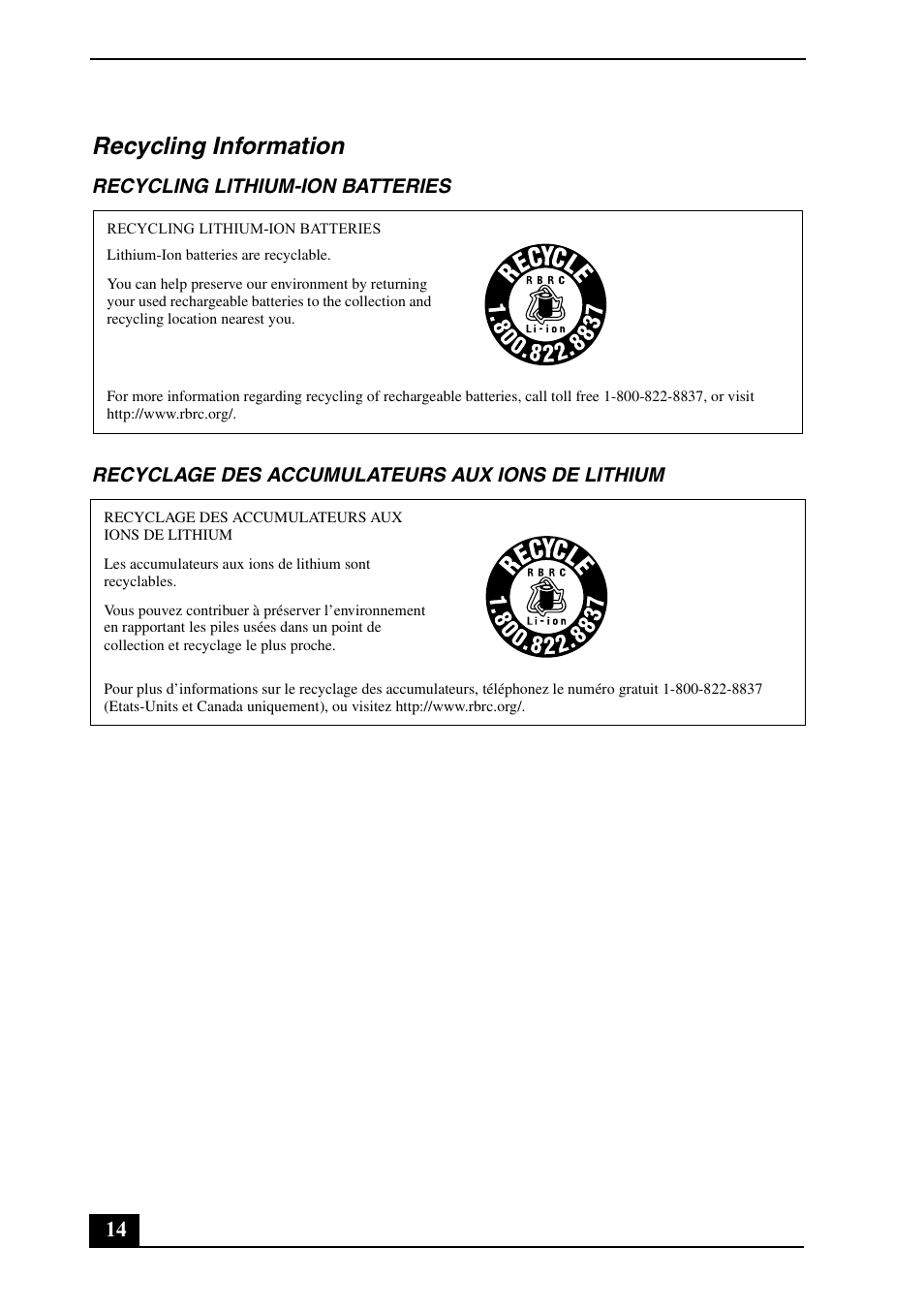 Recycling information | Sony VGN-CR140N User Manual | Page 14 / 28