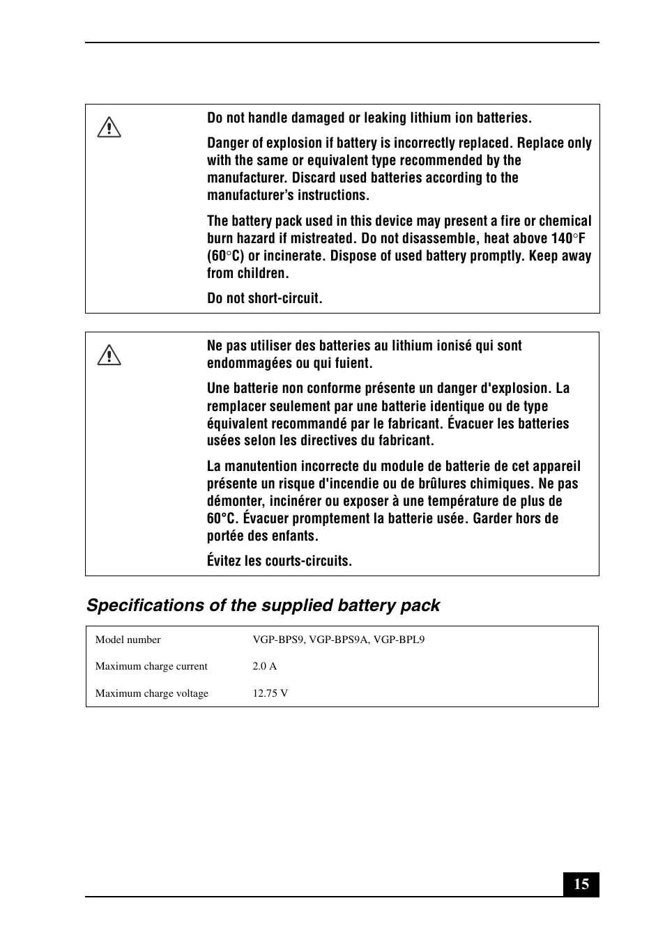 Specifications of the supplied battery pack | Sony VGN-CR140N User Manual | Page 15 / 28