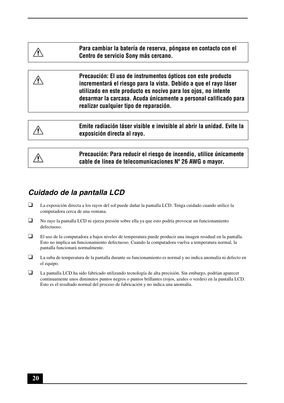 Cuidado de la pantalla lcd | Sony VGN-CR140N User Manual | Page 20 / 28