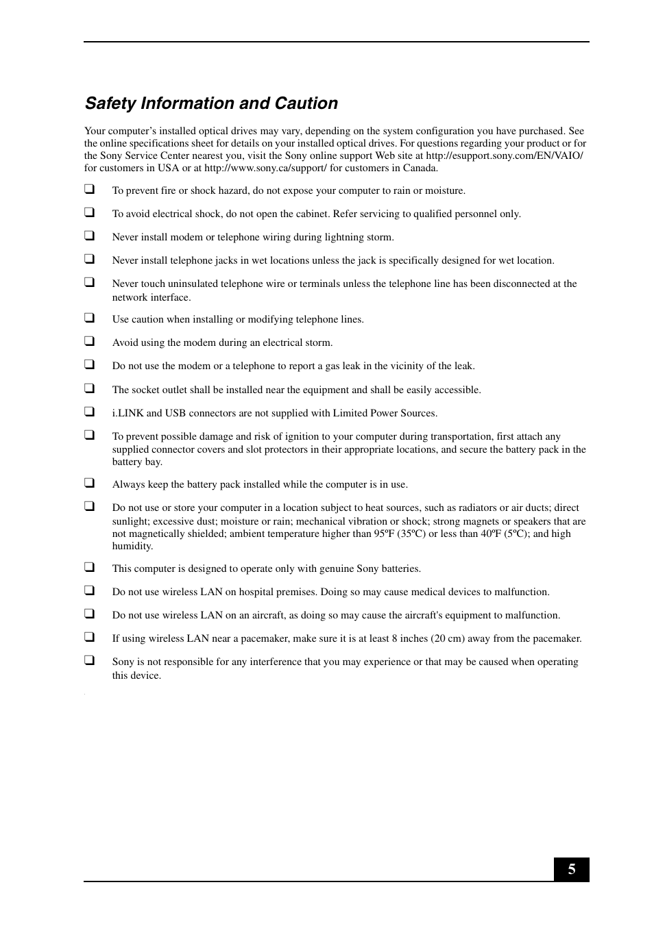 Safety information and caution | Sony VGN-CR140N User Manual | Page 5 / 28