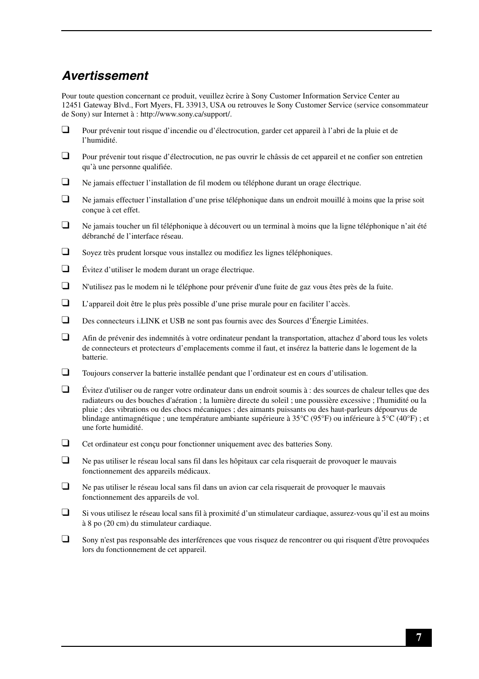 Avertissement | Sony VGN-CR140N User Manual | Page 7 / 28