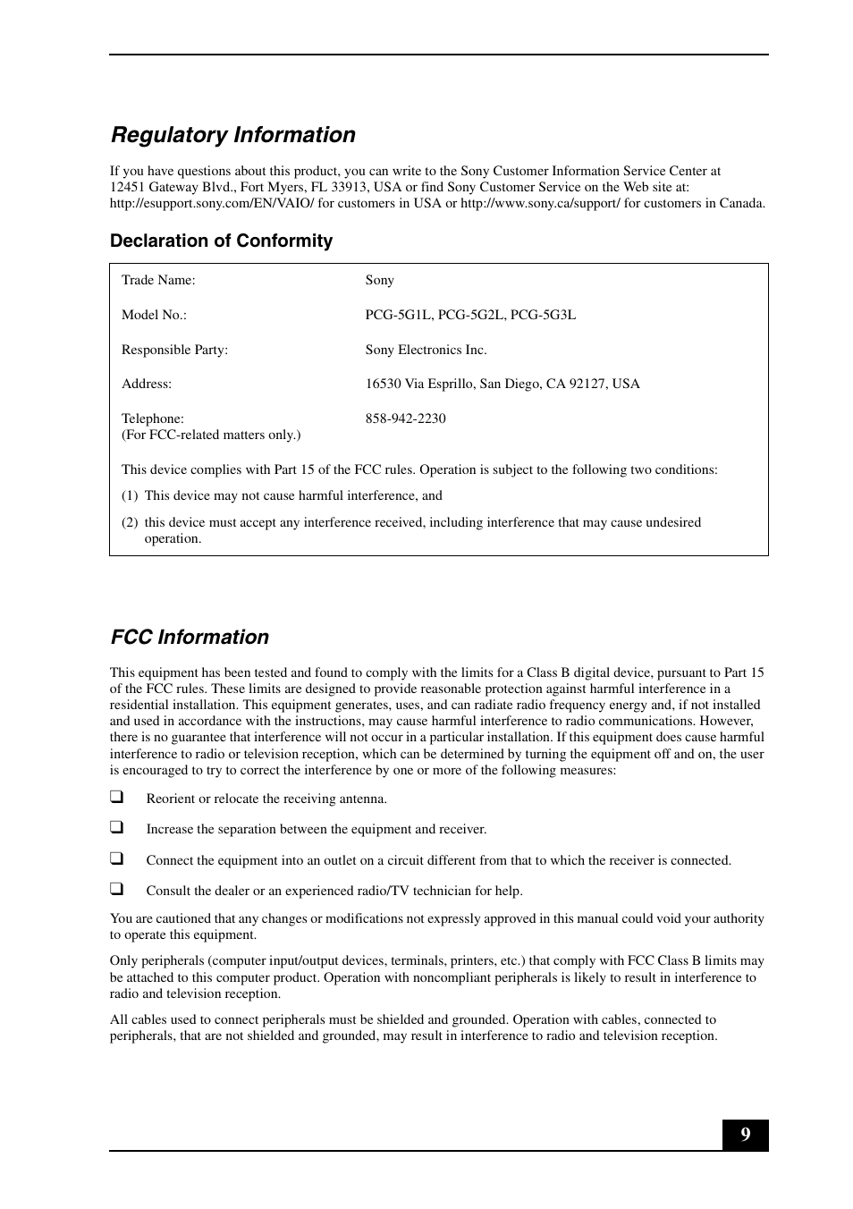 Regulatory information, Fcc information, Declaration of conformity | Sony VGN-CR140N User Manual | Page 9 / 28