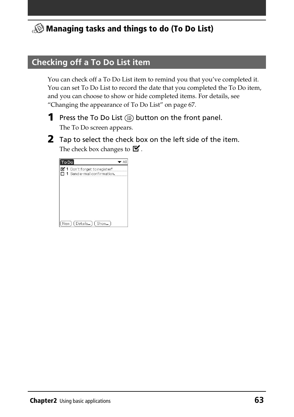 Checking off a to do list item, Checking off items | Sony PEG-N760C User Manual | Page 63 / 232