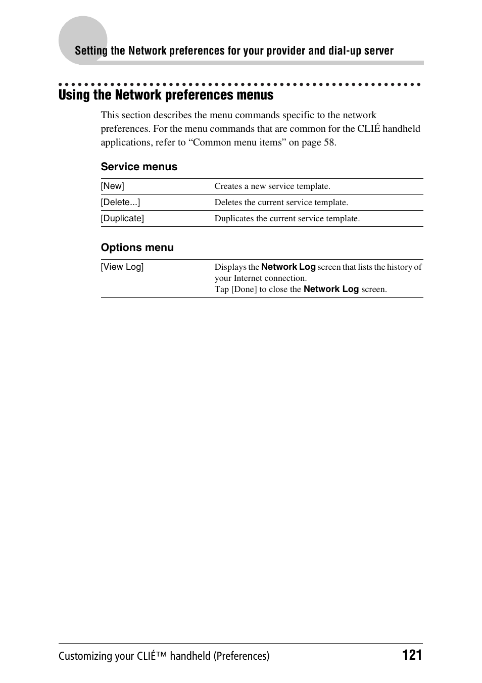 Using the network preferences menus | Sony PEG-TH55 User Manual | Page 121 / 231