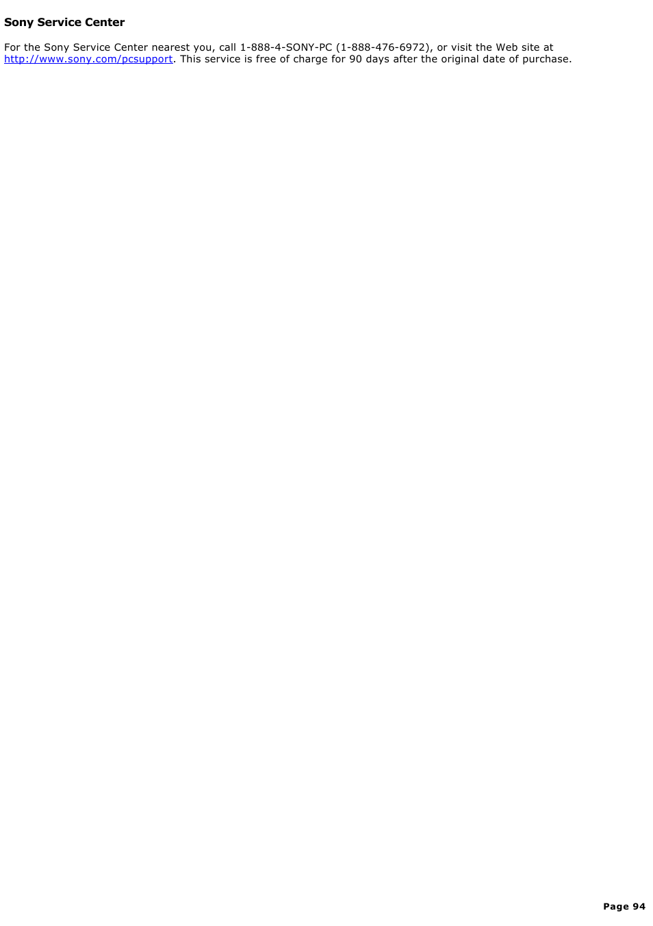 Sony service center | Sony PCV-RX570 User Manual | Page 94 / 115