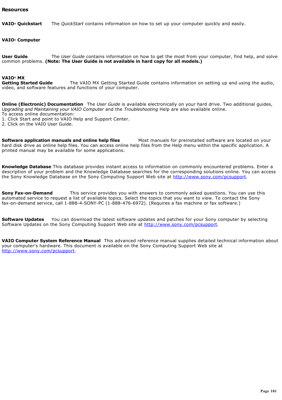 Resources | Sony PCV-MXS10 User Manual | Page 101 / 112