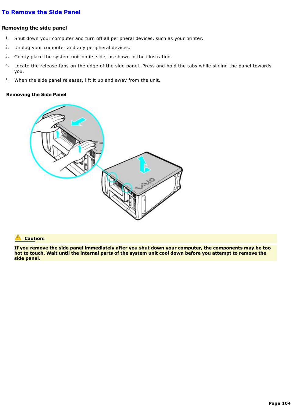 To remove the side panel | Sony PCV-MXS10 User Manual | Page 104 / 112