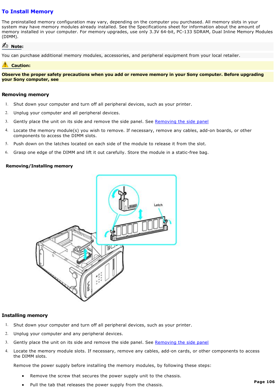 To install memory | Sony PCV-MXS10 User Manual | Page 106 / 112