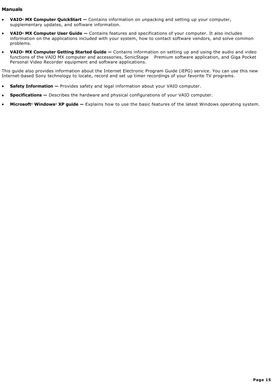 Manuals | Sony PCV-MXS10 User Manual | Page 15 / 112