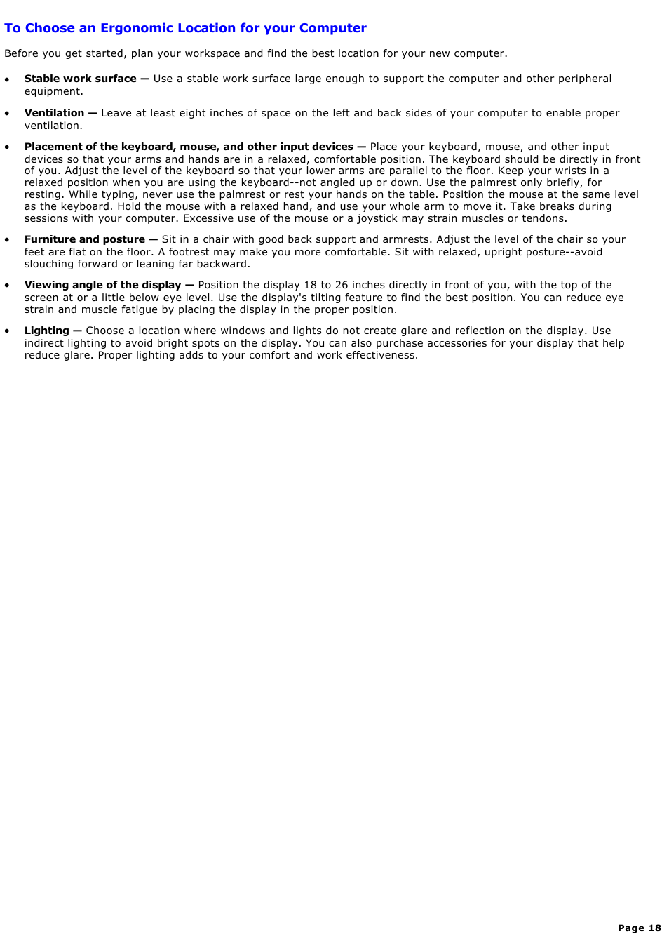 To choose an ergonomic location for your computer | Sony PCV-MXS10 User Manual | Page 18 / 112