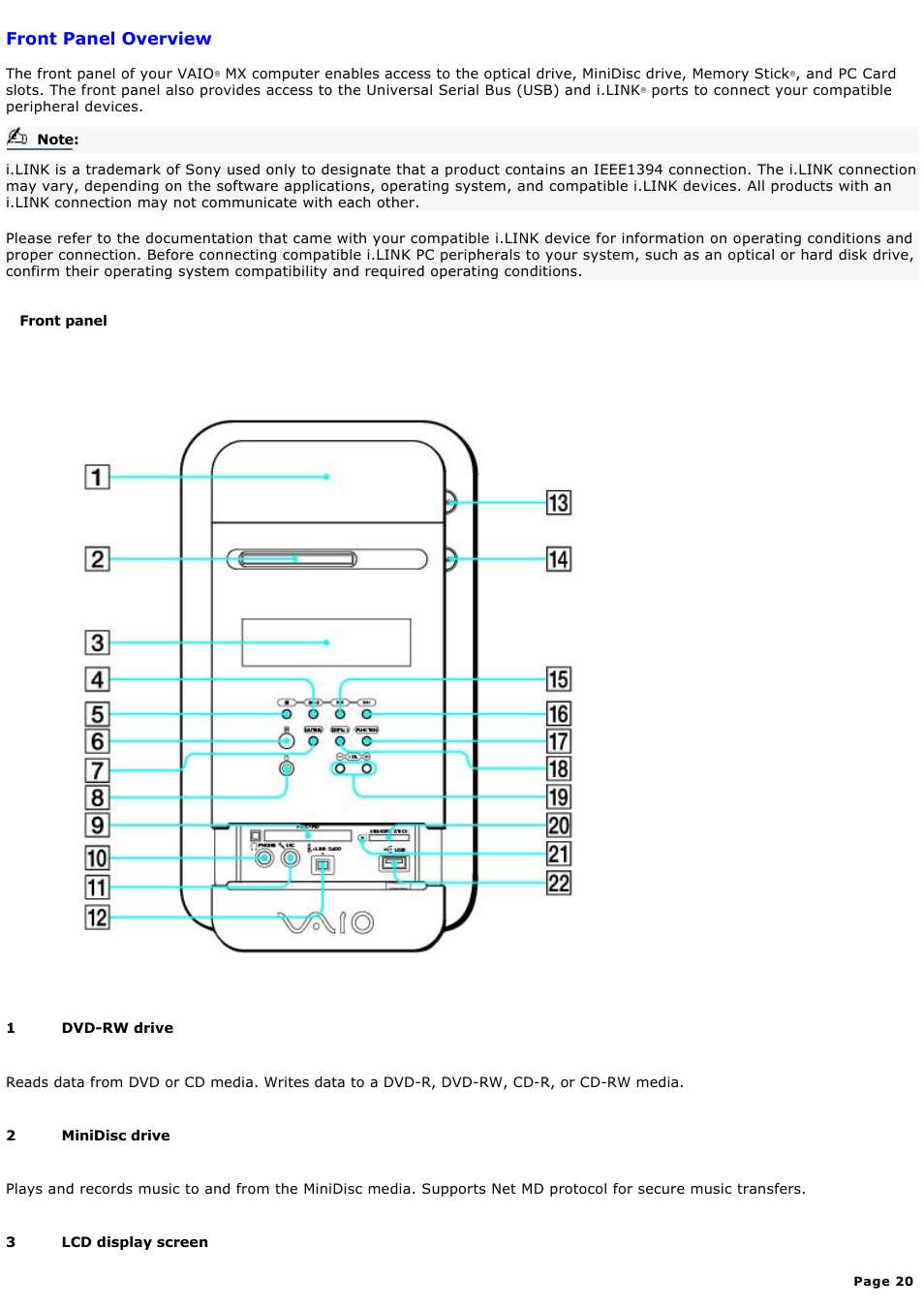 Front panel overview | Sony PCV-MXS10 User Manual | Page 20 / 112
