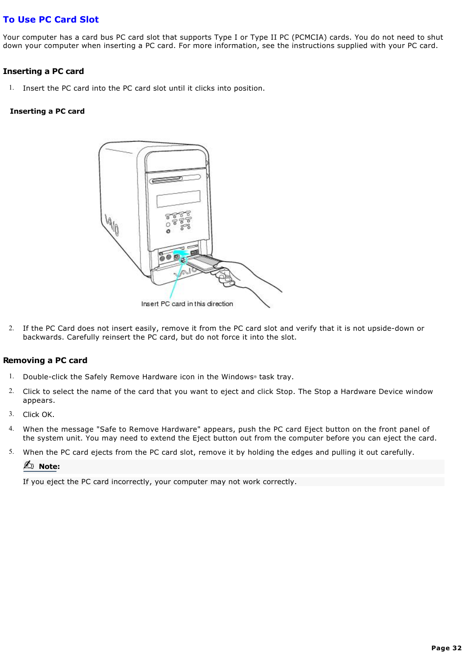 To use pc card slot | Sony PCV-MXS10 User Manual | Page 32 / 112