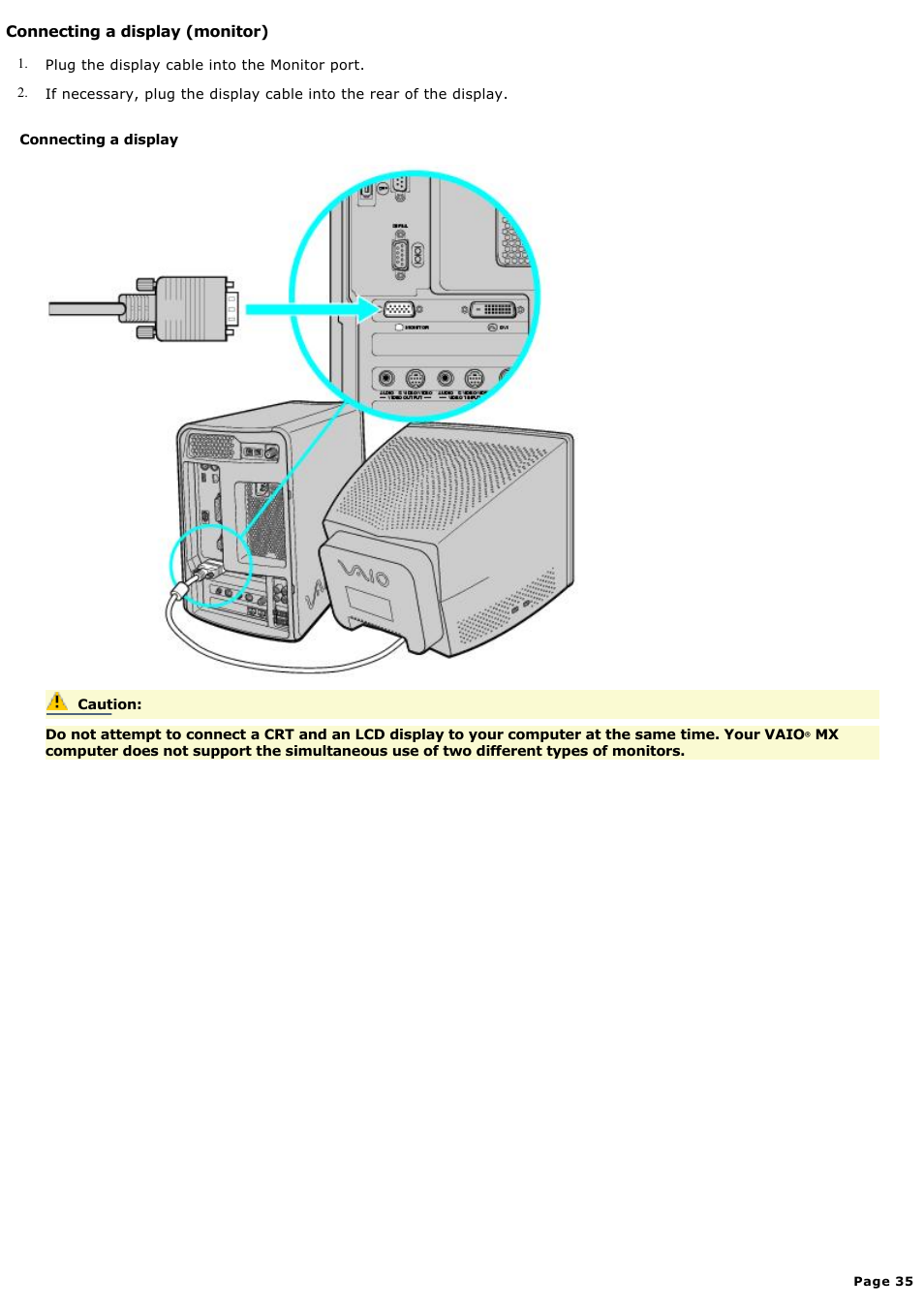 Connecting a display (monitor) | Sony PCV-MXS10 User Manual | Page 35 / 112