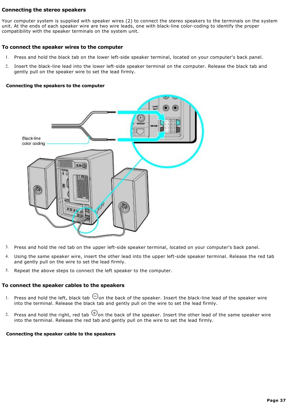 Connecting the stereo speakers | Sony PCV-MXS10 User Manual | Page 37 / 112
