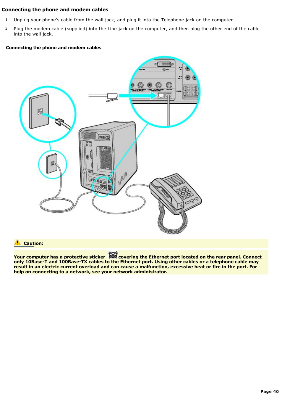 Connecting the phone and modem cables | Sony PCV-MXS10 User Manual | Page 40 / 112