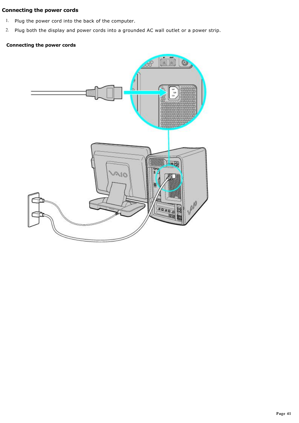 Connecting the power cords | Sony PCV-MXS10 User Manual | Page 41 / 112