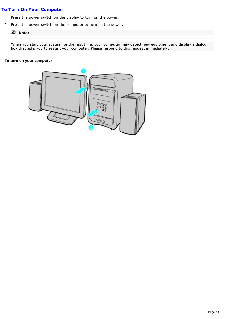 To turn on your computer | Sony PCV-MXS10 User Manual | Page 42 / 112
