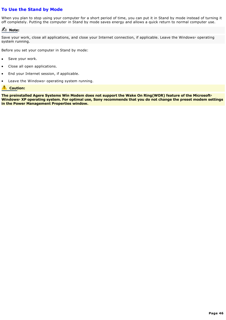 To use the stand by mode | Sony PCV-MXS10 User Manual | Page 46 / 112