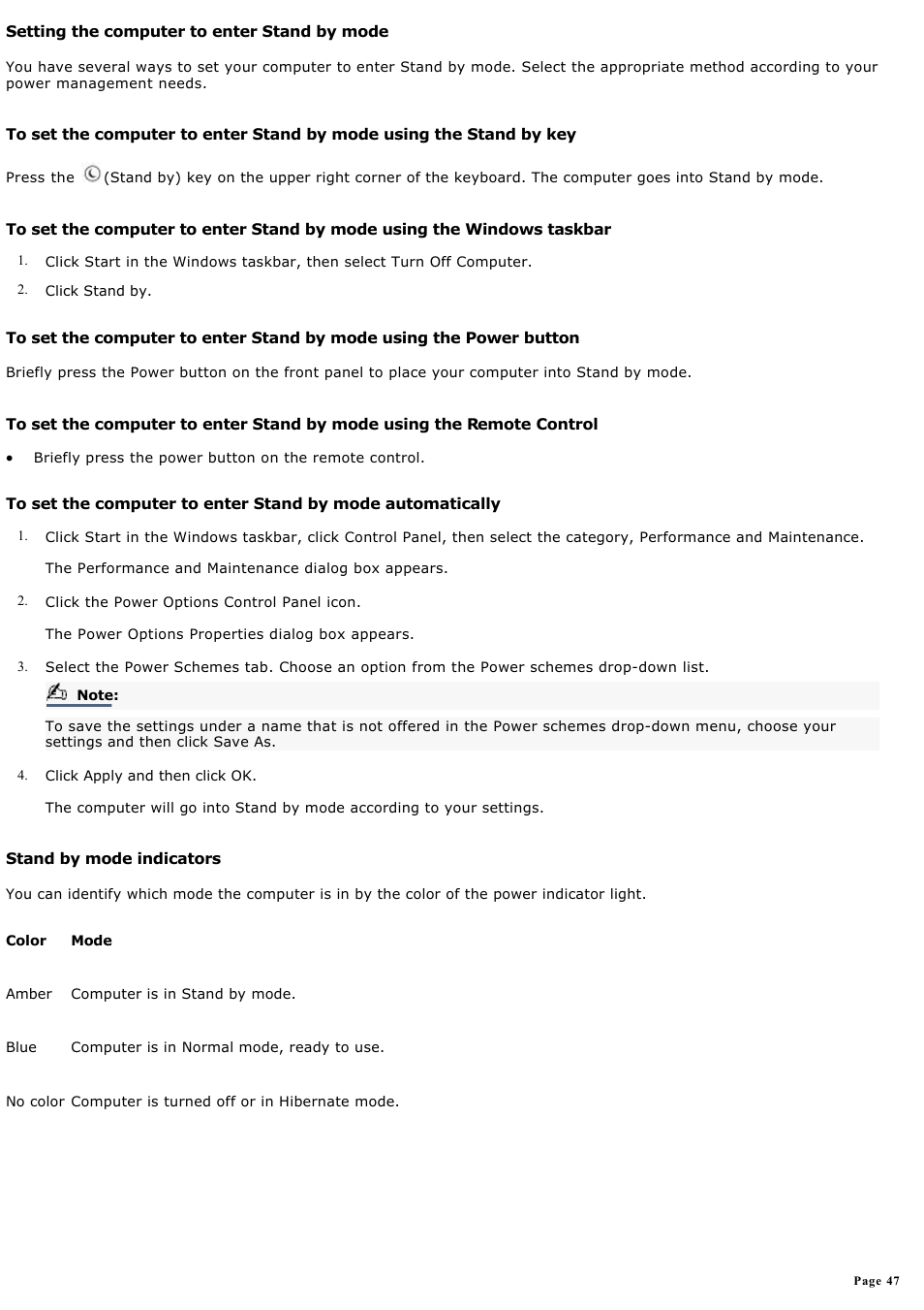 Setting the computer to enter stand by mode | Sony PCV-MXS10 User Manual | Page 47 / 112