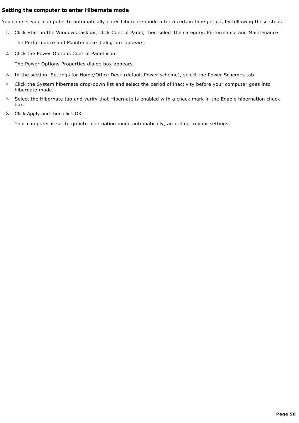 Setting the computer to enter hibernate mode | Sony PCV-MXS10 User Manual | Page 50 / 112