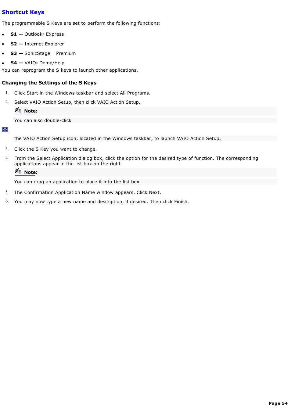 Shortcut keys | Sony PCV-MXS10 User Manual | Page 54 / 112