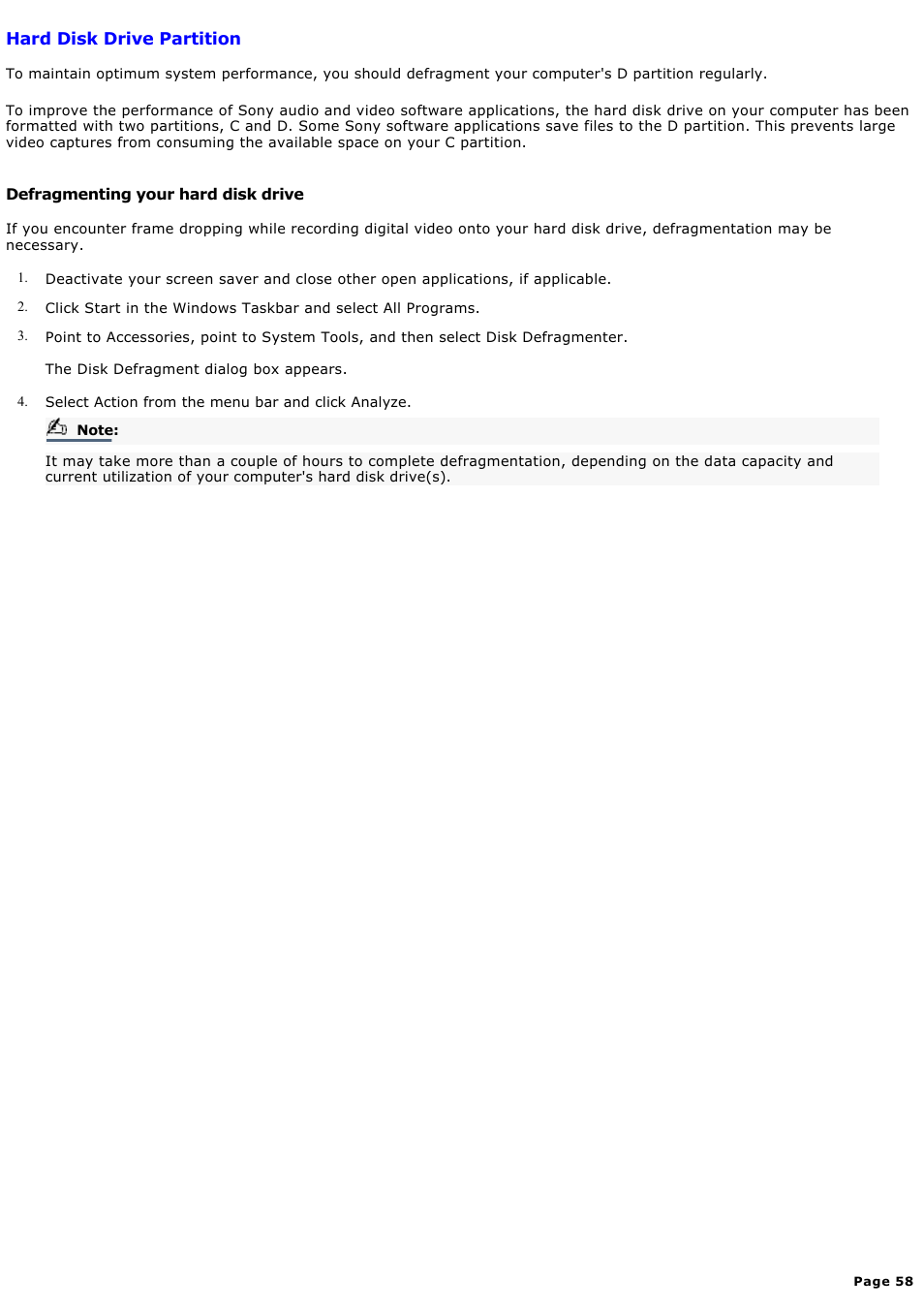 Hard disk drive partition | Sony PCV-MXS10 User Manual | Page 58 / 112