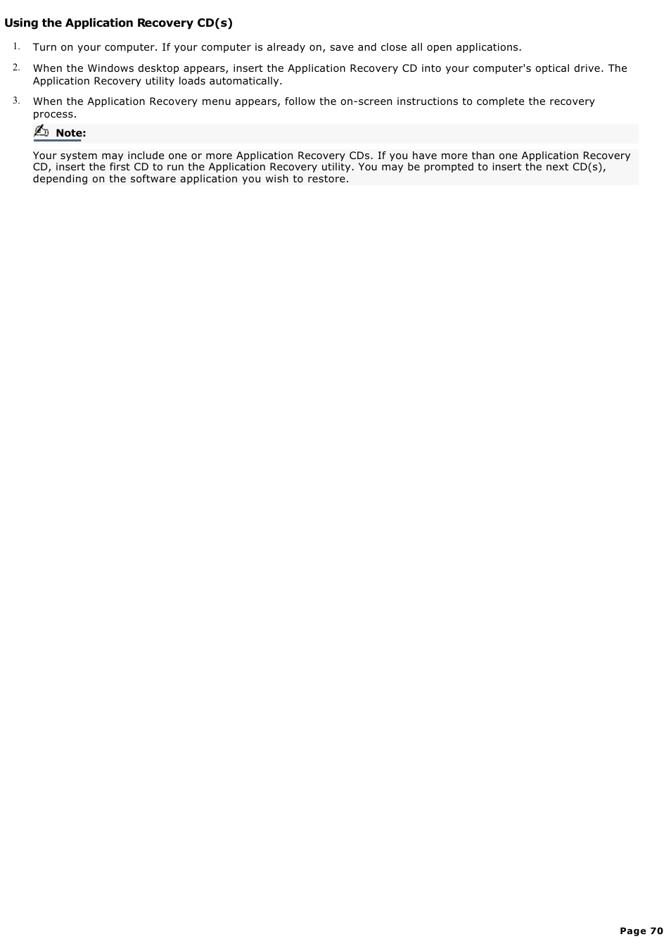 Using the application recovery cd(s) | Sony PCV-MXS10 User Manual | Page 70 / 112