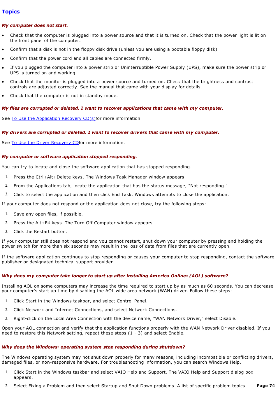 Topics | Sony PCV-MXS10 User Manual | Page 74 / 112