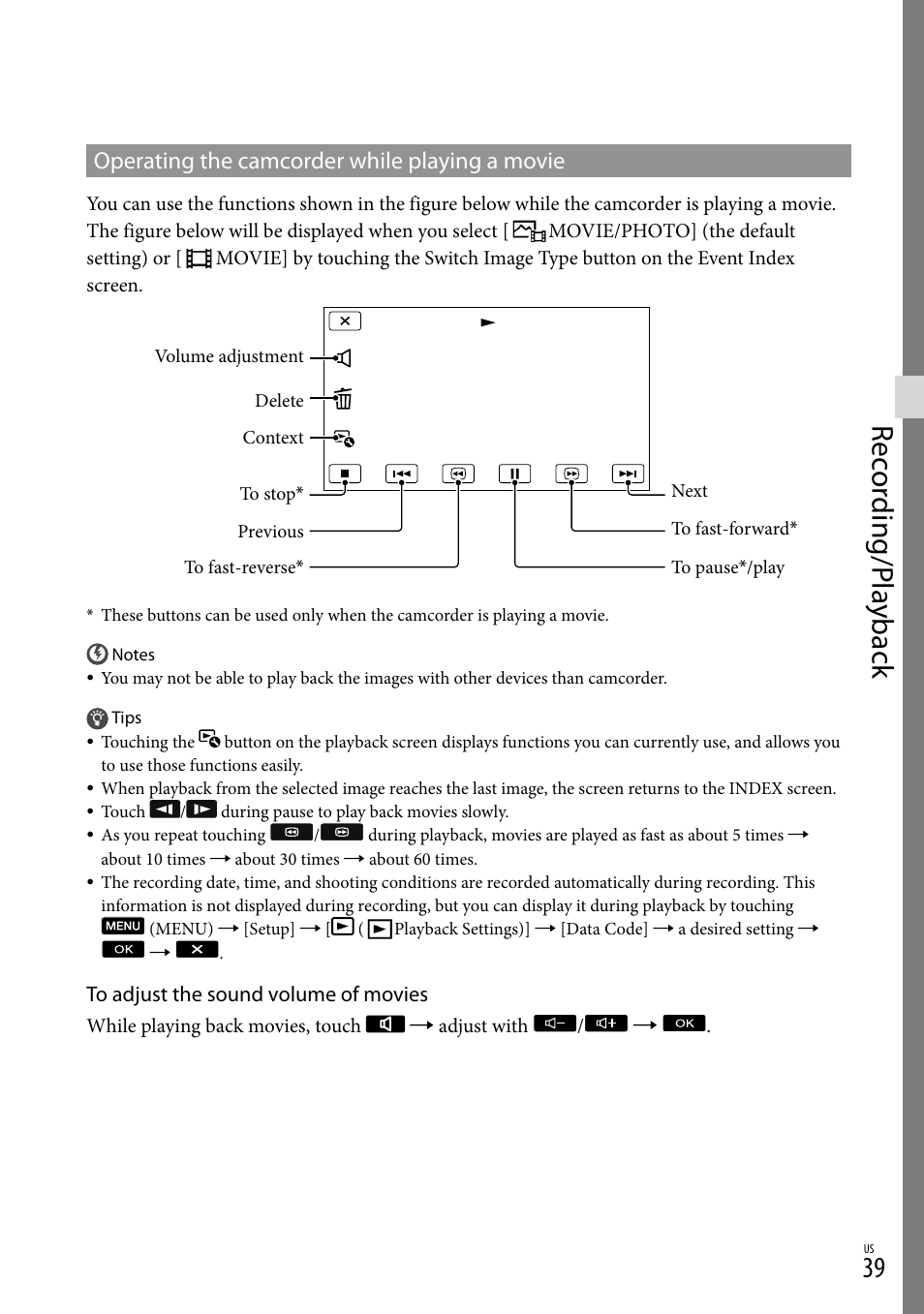 Rec or ding/p la yback, Operating the camcorder while playing a movie | Sony NEX-VG20 User Manual | Page 39 / 155