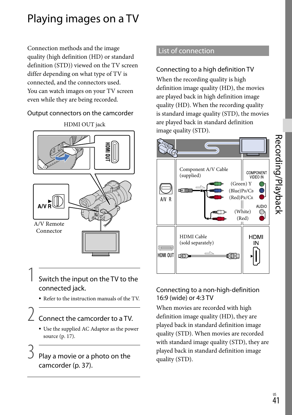 Playing images on a tv, Rec or ding/p la yback | Sony NEX-VG20 User Manual | Page 41 / 155