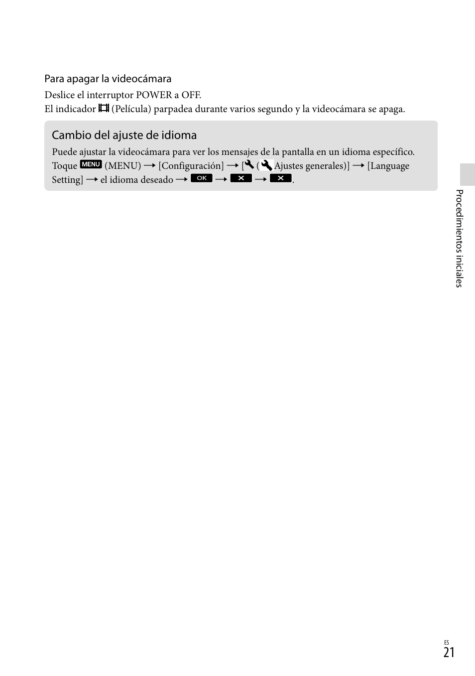 Cambio del ajuste de idioma | Sony NEX-VG20 User Manual | Page 99 / 155