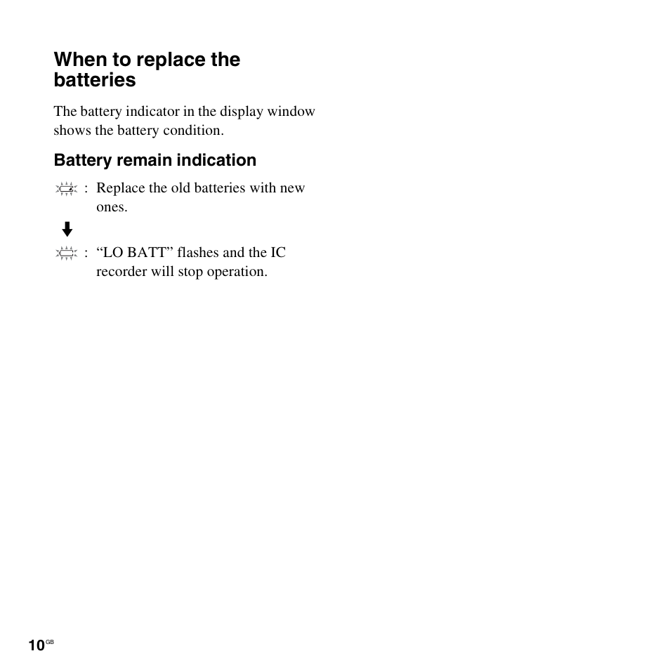 When to replace the batteries | Sony ICD-PX820D User Manual | Page 10 / 96