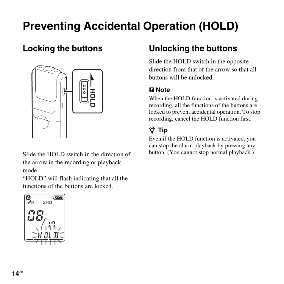 Preventing accidental operation (hold), Locking the buttons, Unlocking the buttons | Locking the buttons unlocking the buttons | Sony ICD-PX820D User Manual | Page 14 / 96