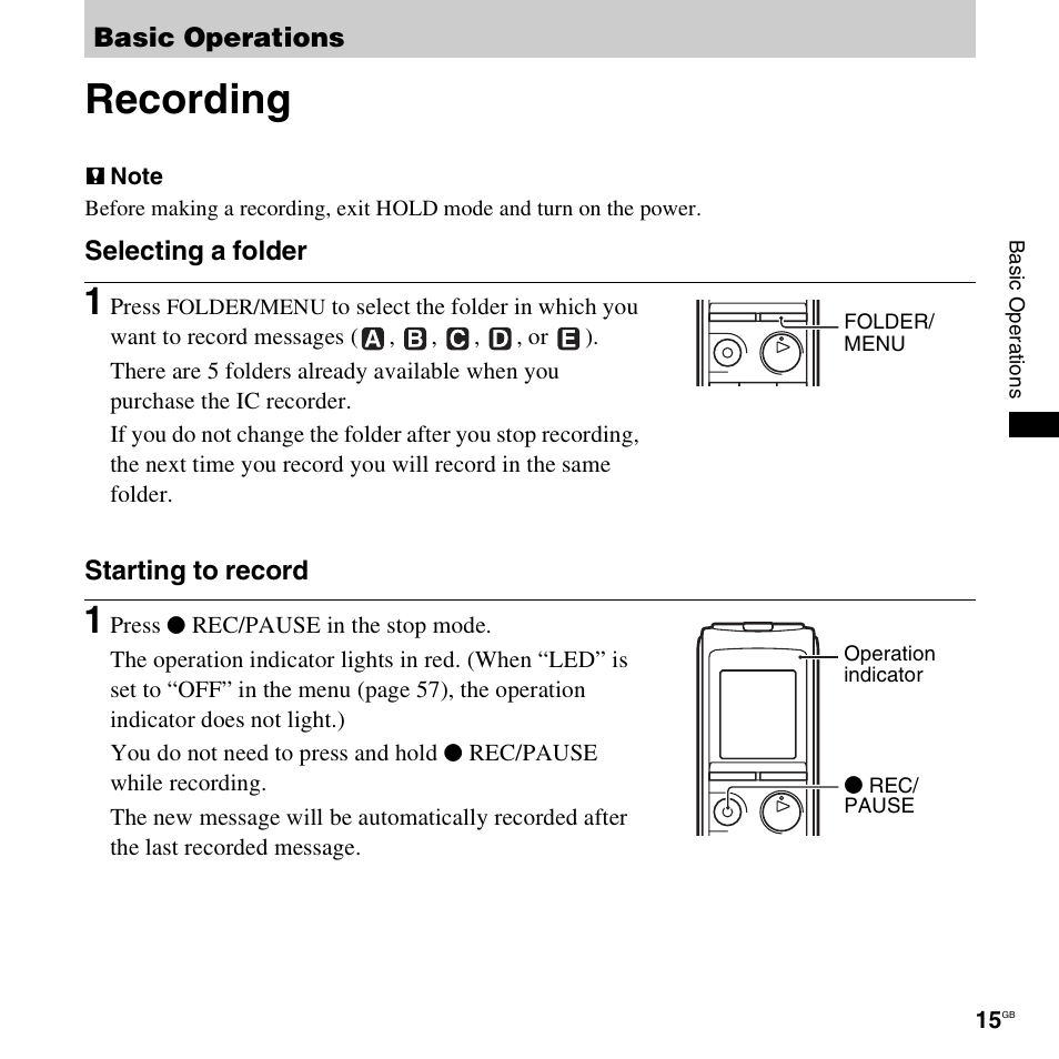 Basic operations, Recording | Sony ICD-PX820D User Manual | Page 15 / 96