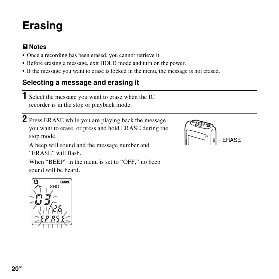 Erasing | Sony ICD-PX820D User Manual | Page 20 / 96