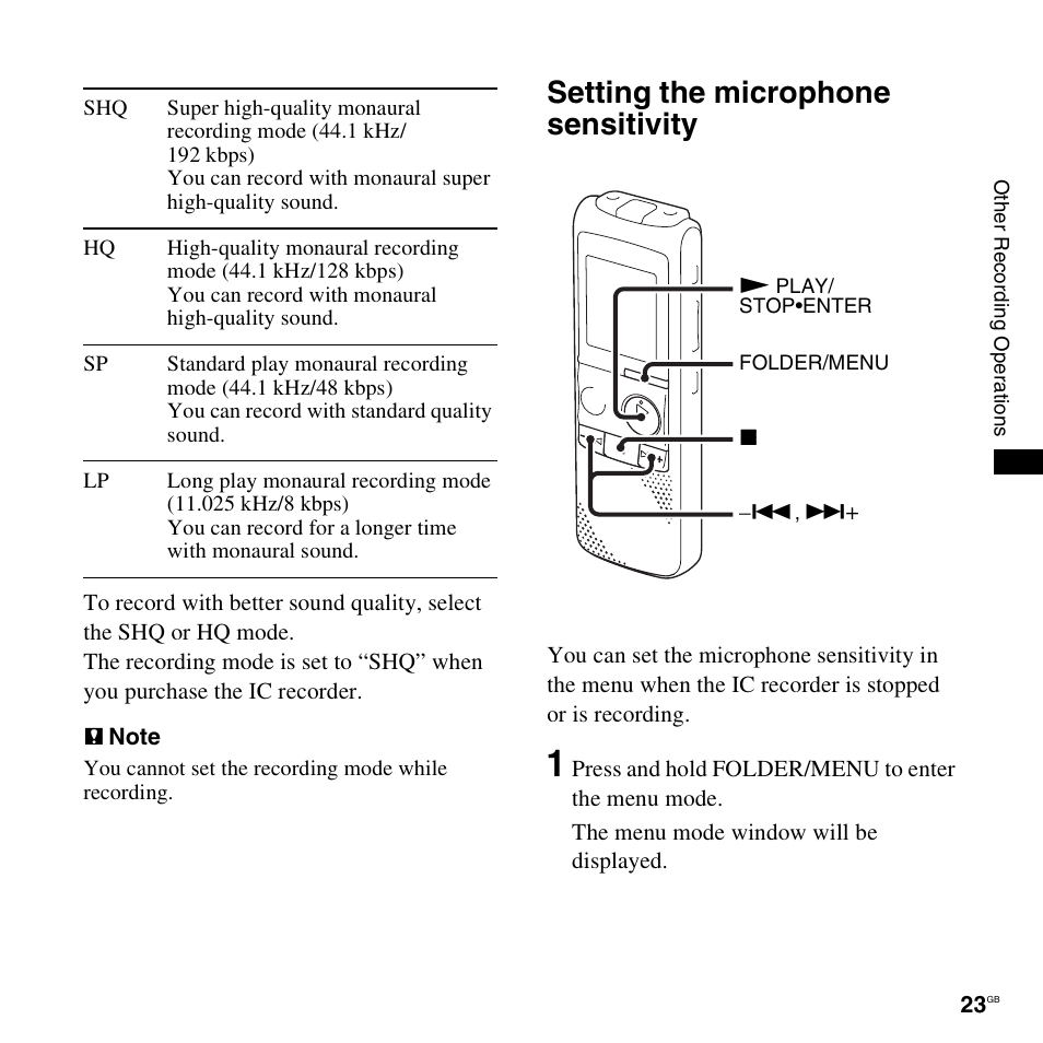 Setting the microphone sensitivity | Sony ICD-PX820D User Manual | Page 23 / 96