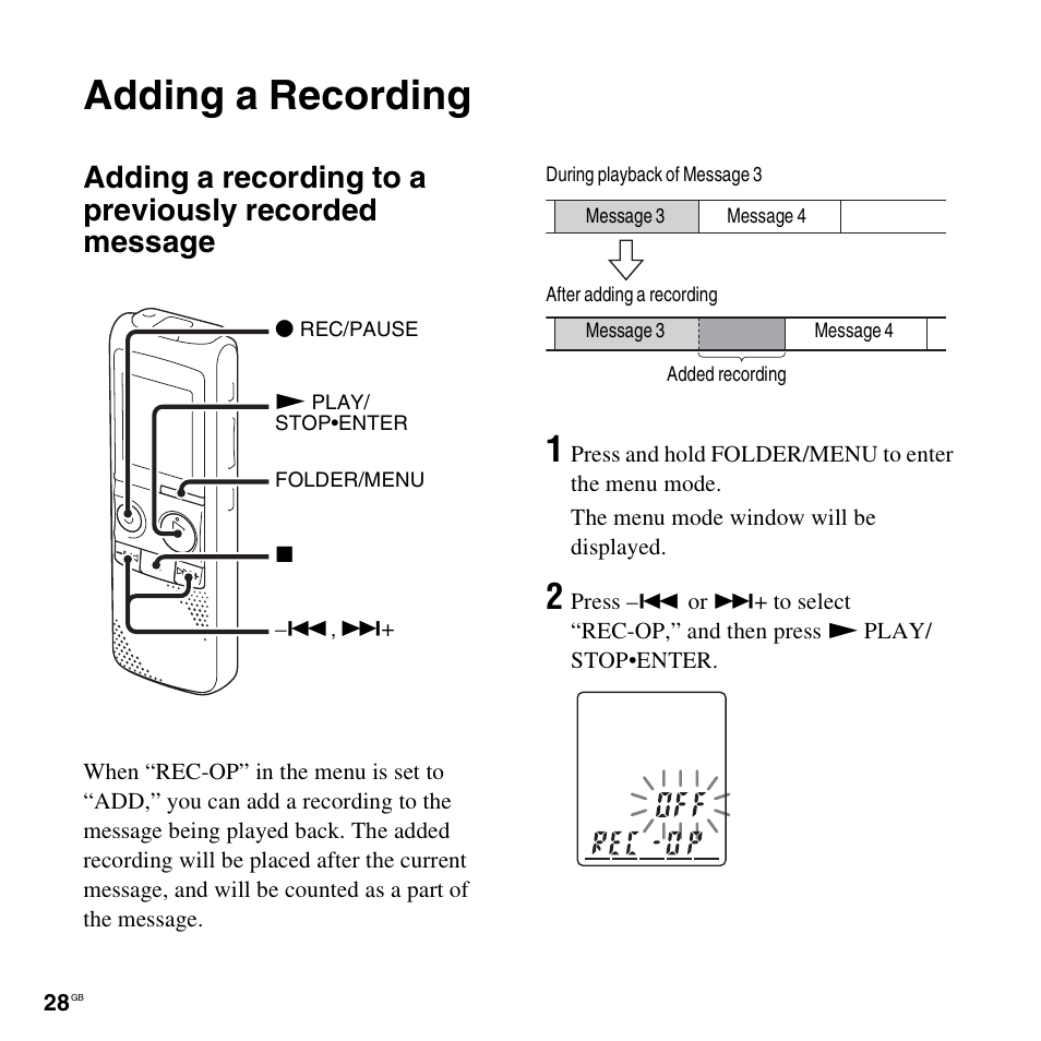 Adding a recording | Sony ICD-PX820D User Manual | Page 28 / 96