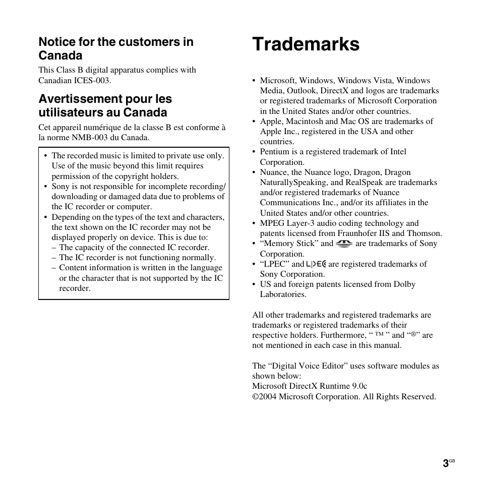 Trademarks, Notice for the customers in canada, Avertissement pour les utilisateurs au canada | Sony ICD-PX820D User Manual | Page 3 / 96