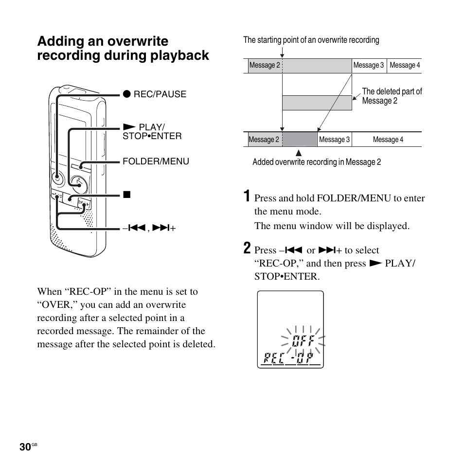 Adding an overwrite recording during playback | Sony ICD-PX820D User Manual | Page 30 / 96