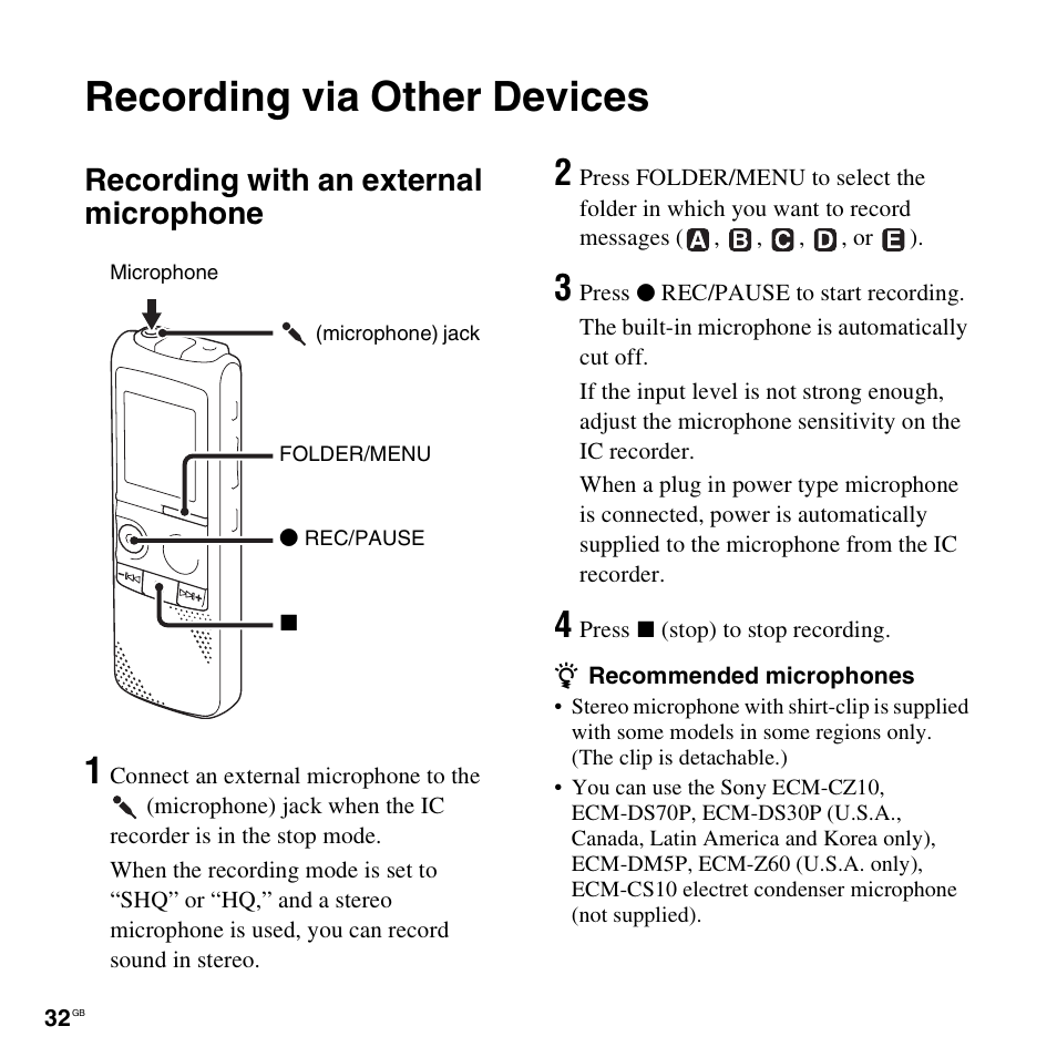 Recording via other devices, Recording with an external microphone | Sony ICD-PX820D User Manual | Page 32 / 96