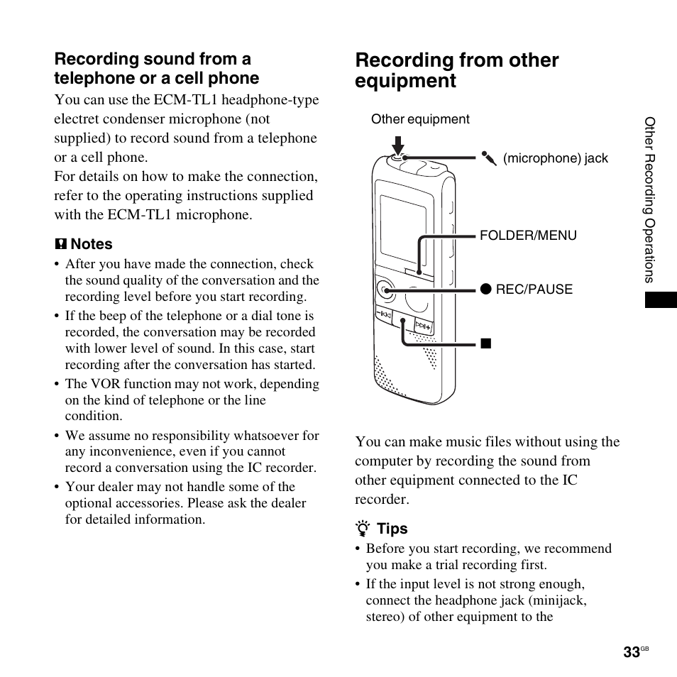 Recording from other equipment, Recording sound from a telephone or a cell phone | Sony ICD-PX820D User Manual | Page 33 / 96