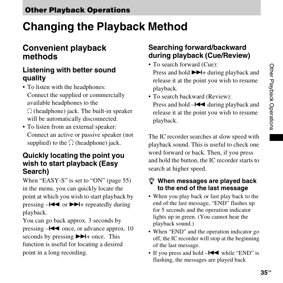 Other playback operations, Changing the playback method, Convenient playback methods | Sony ICD-PX820D User Manual | Page 35 / 96