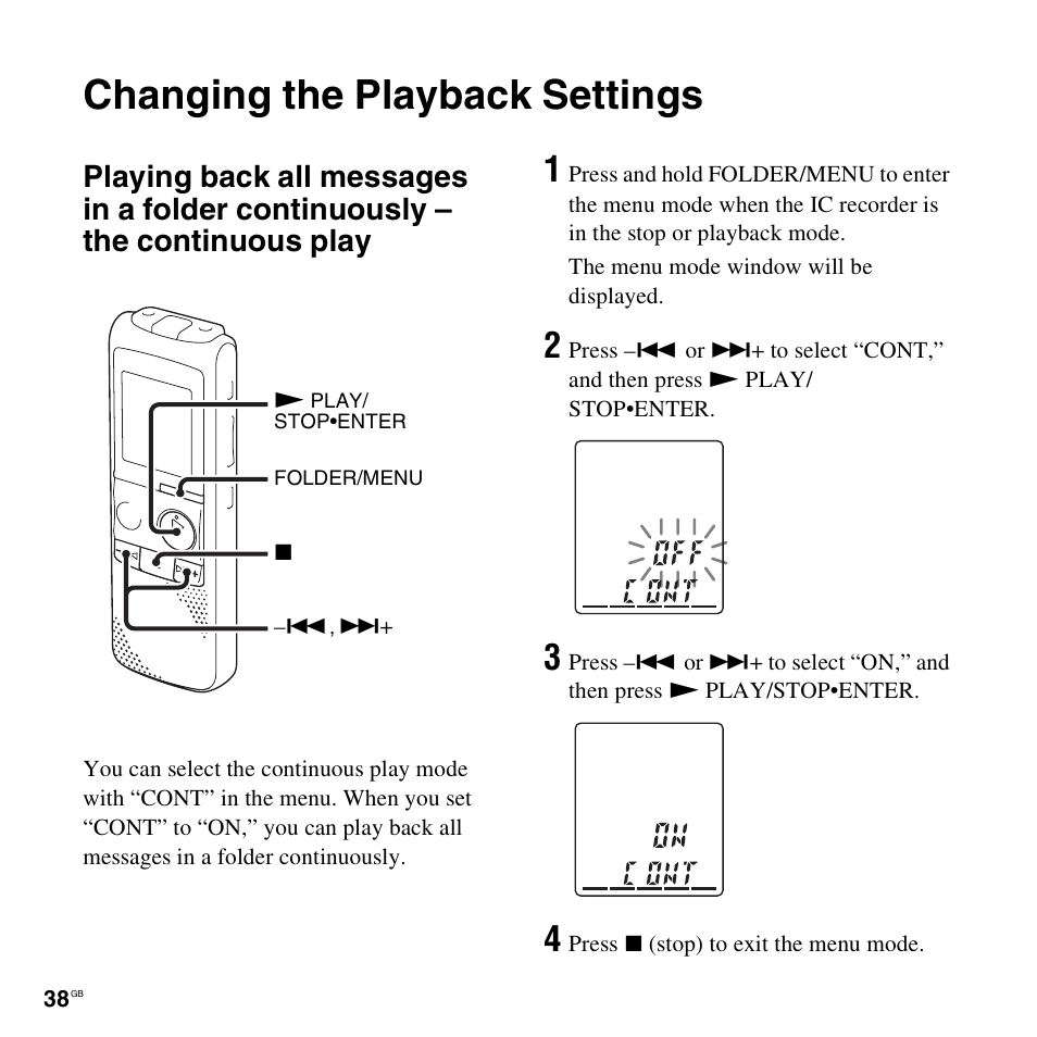 Changing the playback settings | Sony ICD-PX820D User Manual | Page 38 / 96