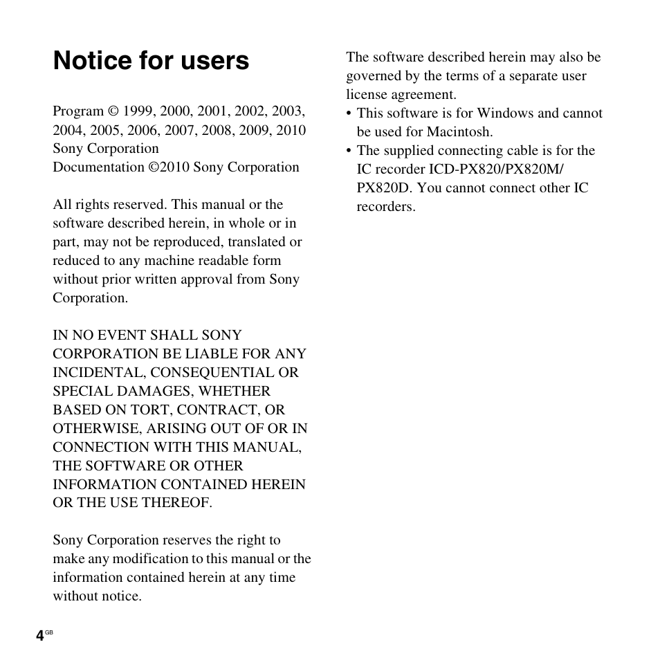 Notice for users | Sony ICD-PX820D User Manual | Page 4 / 96