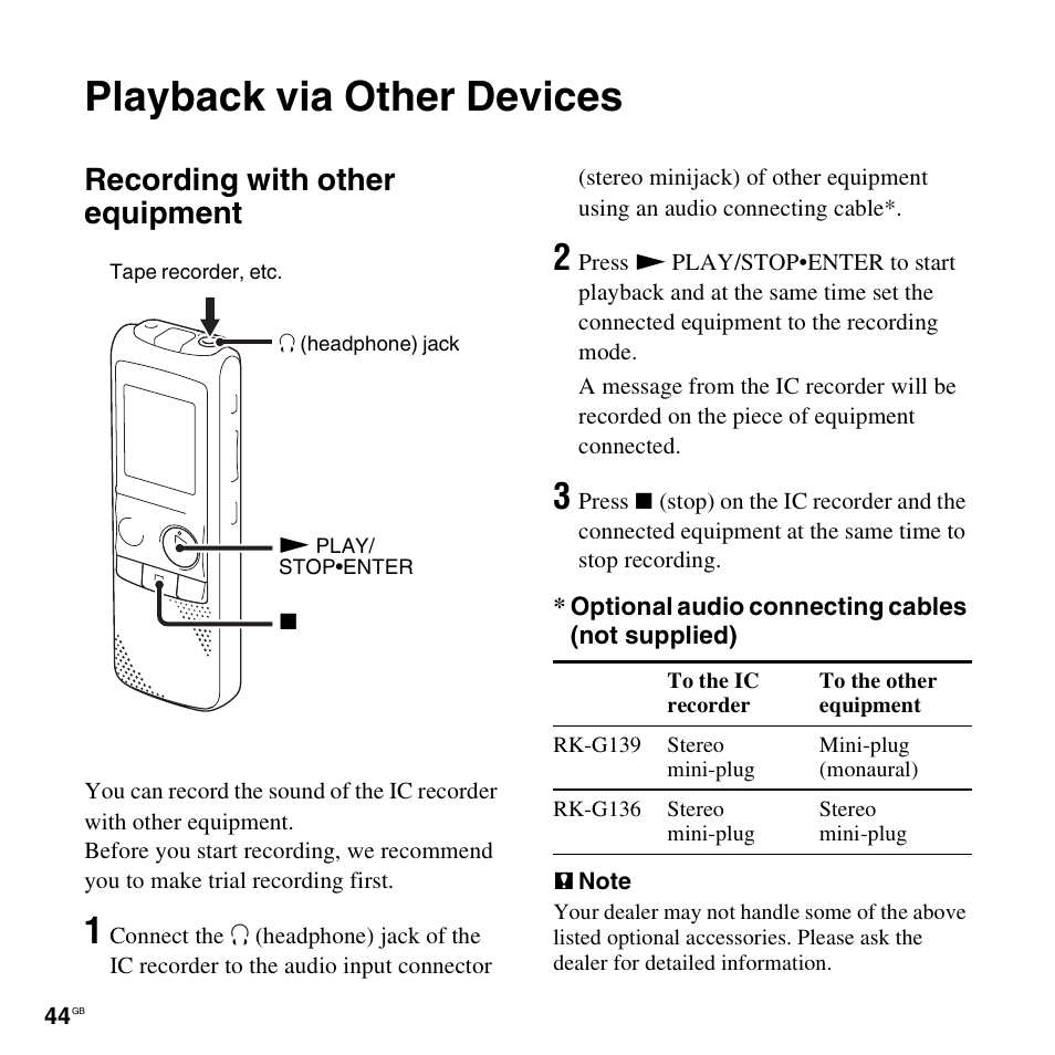 Playback via other devices, Recording with other equipment | Sony ICD-PX820D User Manual | Page 44 / 96