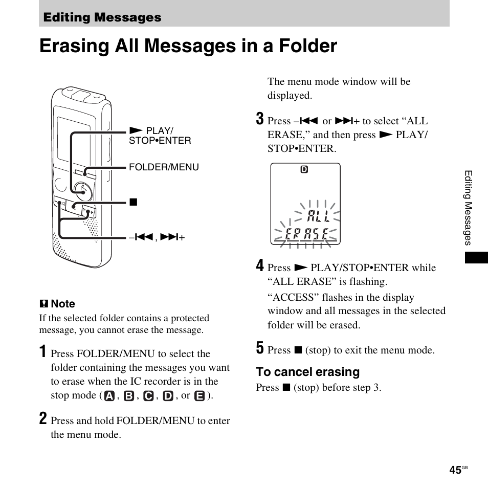 Editing messages, Erasing all messages in a folder | Sony ICD-PX820D User Manual | Page 45 / 96