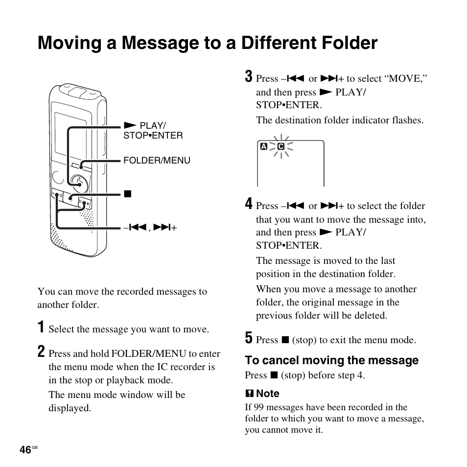 Moving a message to a different folder | Sony ICD-PX820D User Manual | Page 46 / 96