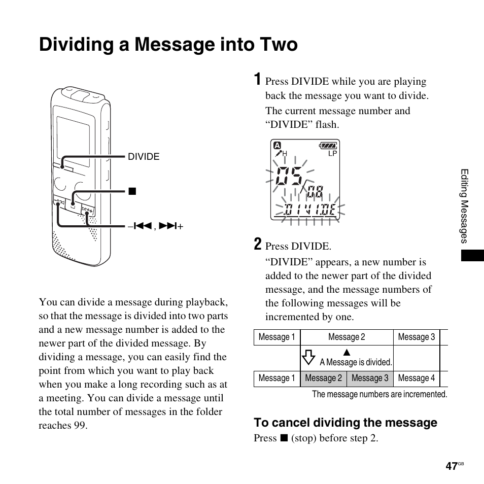 Dividing a message into two | Sony ICD-PX820D User Manual | Page 47 / 96