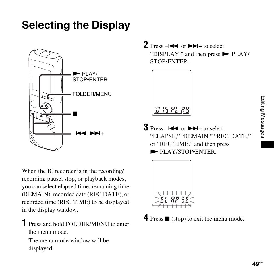 Selecting the display | Sony ICD-PX820D User Manual | Page 49 / 96